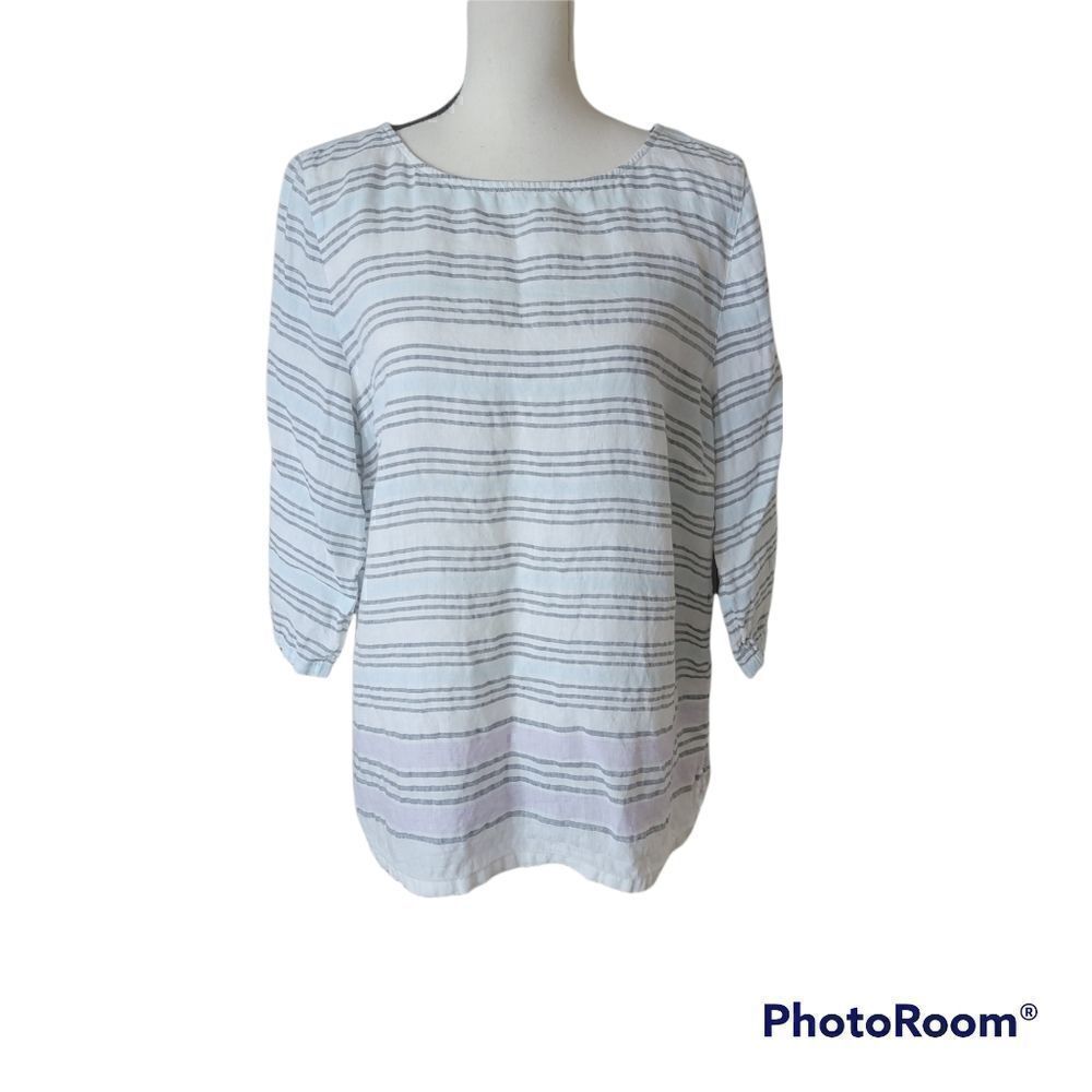J.Jill Love Linen Striped 3/4 Sleeves and Round Neck. 100% Linen. Size L.